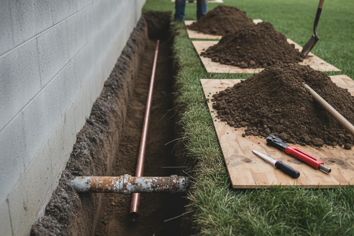 Excavated water line trench during Sewer Line Repair in Rocky Mount